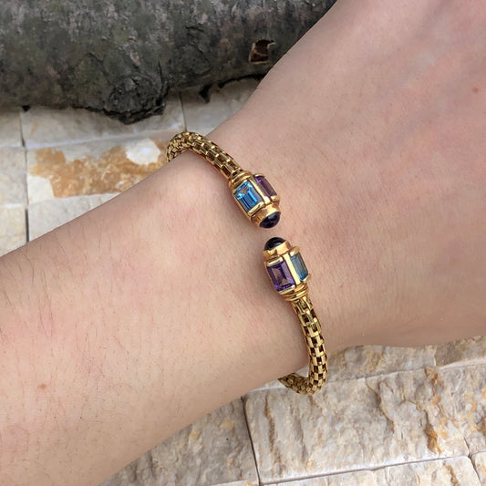 Estate 14KT Yellow Gold Multi Gemstone End Caps Cuff Bangle Bracelet - Legacy Saint Jewelry