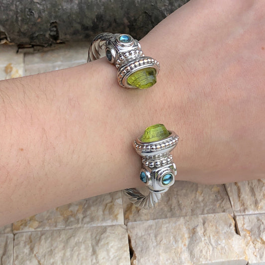 Estate 14KT White Gold Polished Peridot End Caps + Blue Topaz Bangle Bracelet - Legacy Saint Jewelry