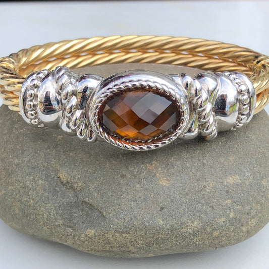 Estate 14KT Yellow Gold Cable Style + White Gold Checkerboard Citrine Bracelet - Legacy Saint Jewelry