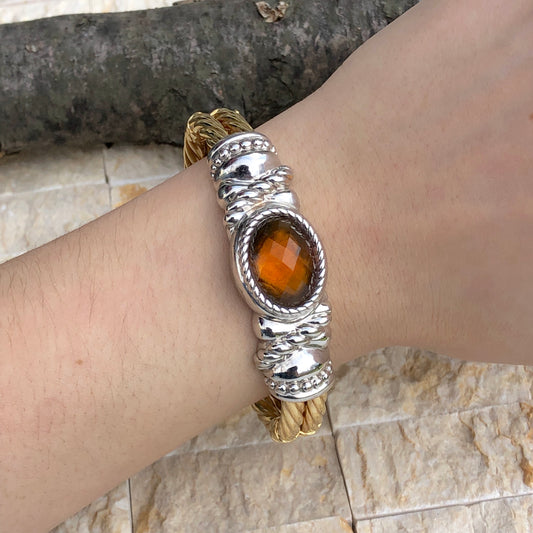 Estate 14KT Yellow Gold Cable Style + White Gold Checkerboard Citrine Bracelet - Legacy Saint Jewelry