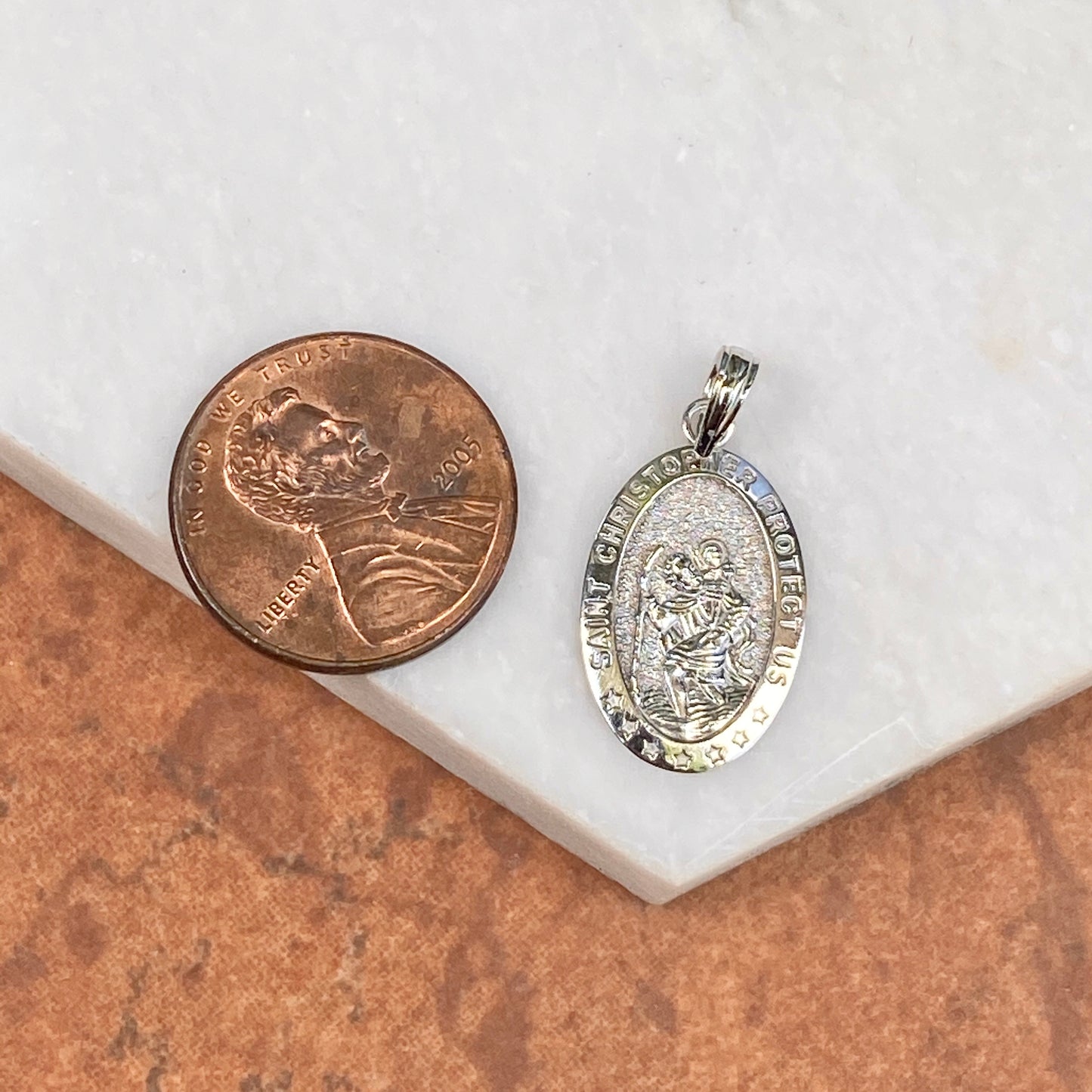 14KT White Gold Saint Christopher Oval Medal Pendant Charm 25mm, 14KT White Gold Saint Christopher Oval Medal Pendant Charm 25mm - Legacy Saint Jewelry