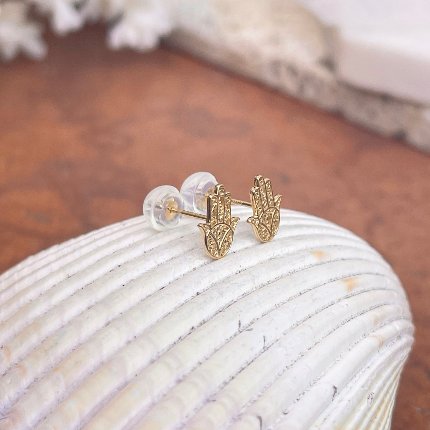 14KT Yellow Gold Filigree Hamsa Mini Stud Post Earrings