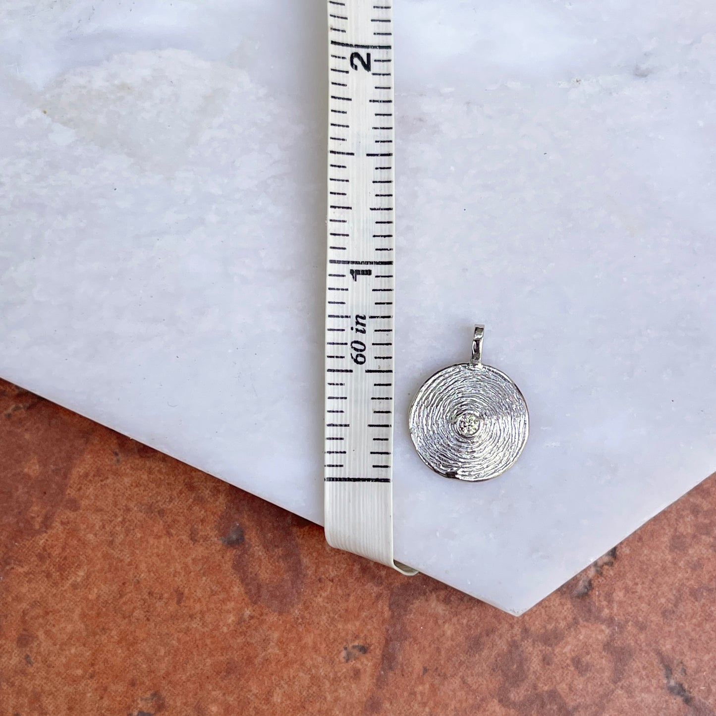 14KT White Gold Bezel Diamond Textured Round Disc Pendant