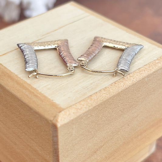 14KT Rose Gold, Yellow Gold, + White Gold Textured Square Hoop Earrings