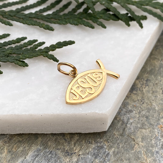 10KT Yellow Gold Ichthus Fish "Jesus" Pendant Charm, 10KT Yellow Gold Ichthus Fish "Jesus" Pendant Charm - Legacy Saint Jewelry