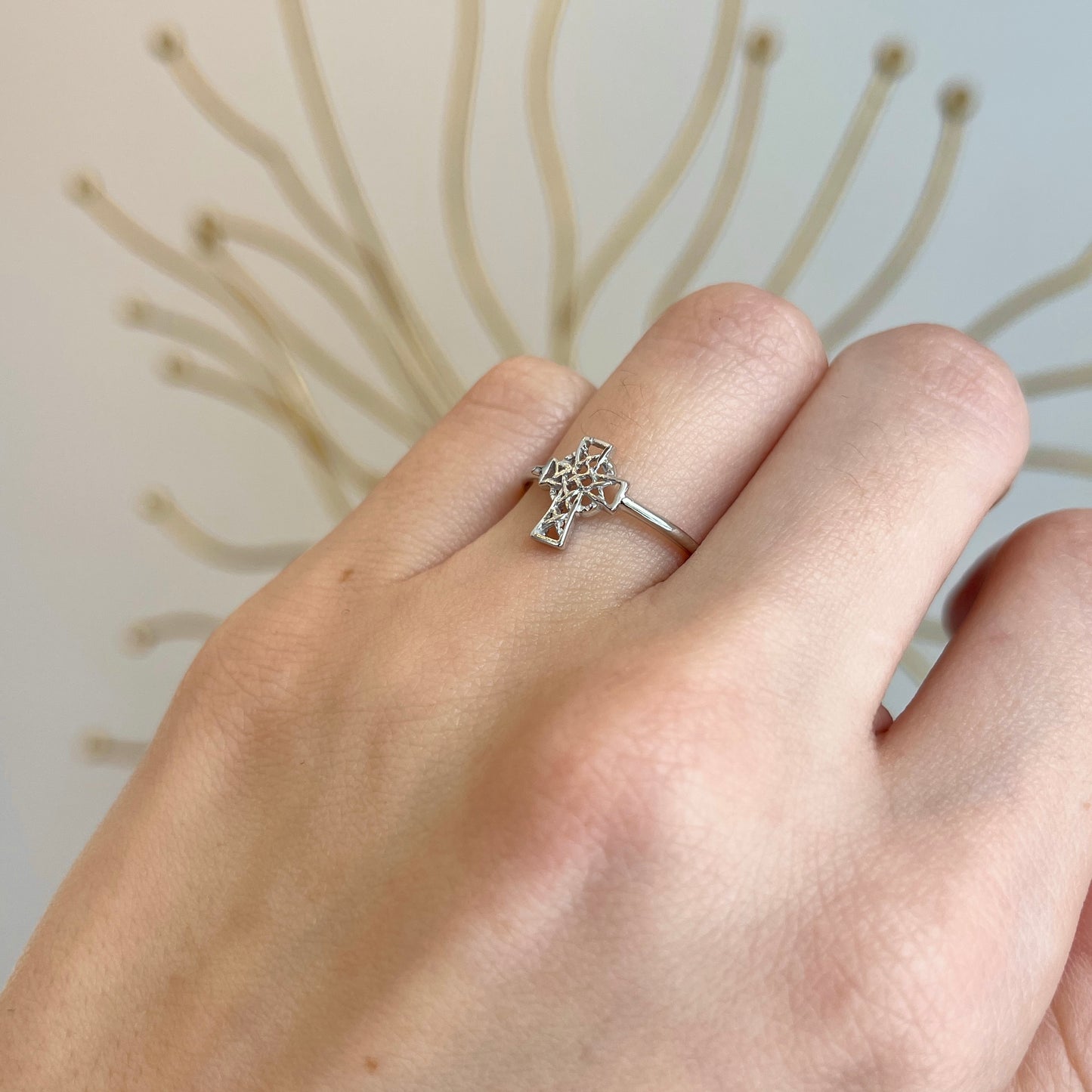 14KT White Gold Celtic Cross Open Weave Style Ring - LSJ