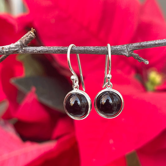 Sterling Silver Round Black Onyx Wire Dangle Earrings