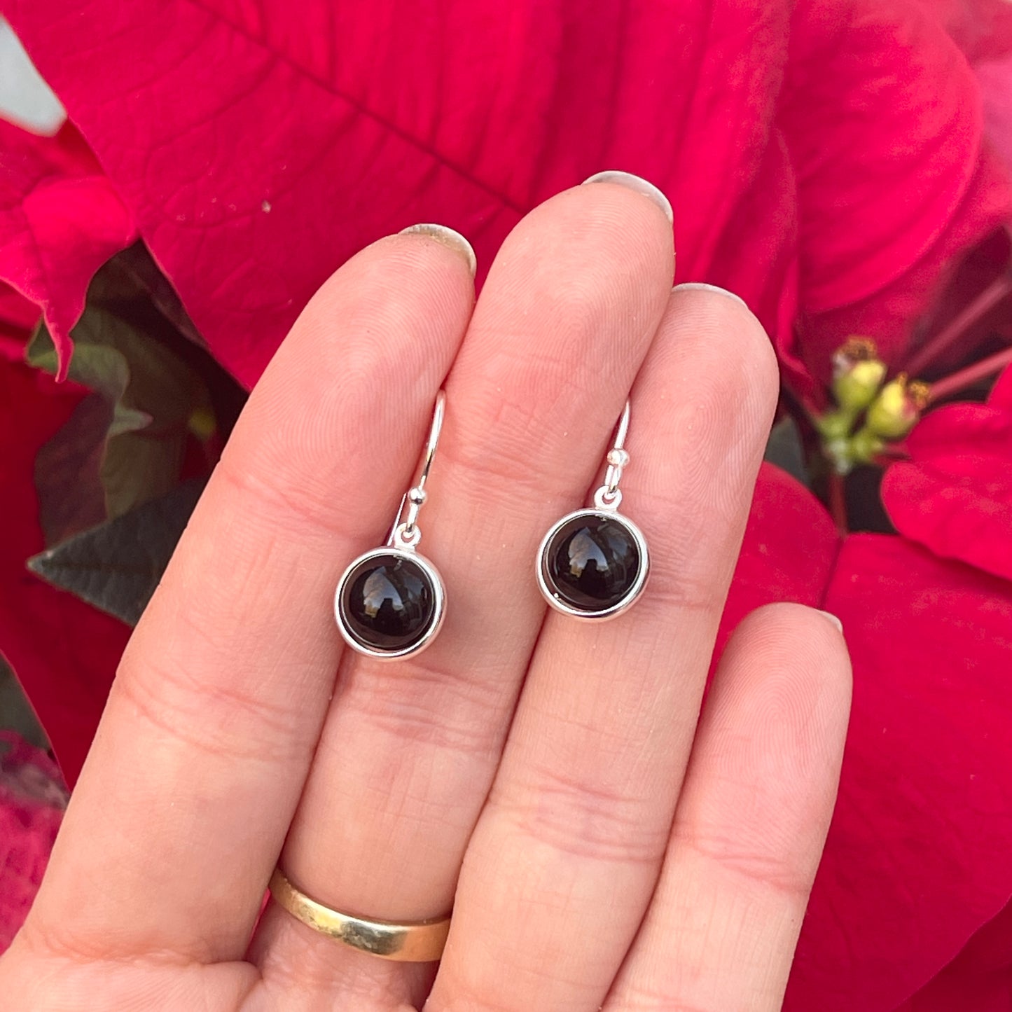Sterling Silver Round Black Onyx Wire Dangle Earrings