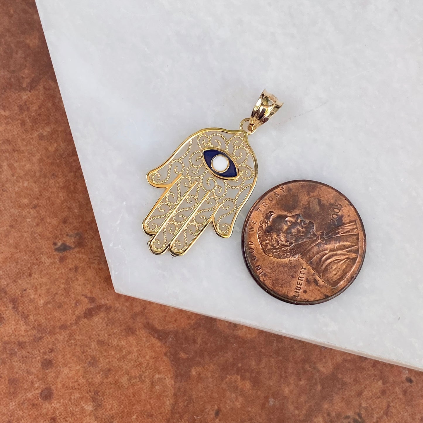 14KT Yellow Gold Filigree + Blue Enamel Evil Eye Hamsa Pendant Charm, 14KT Yellow Gold Filigree + Blue Enamel Evil Eye Hamsa Pendant Charm - Legacy Saint Jewelry