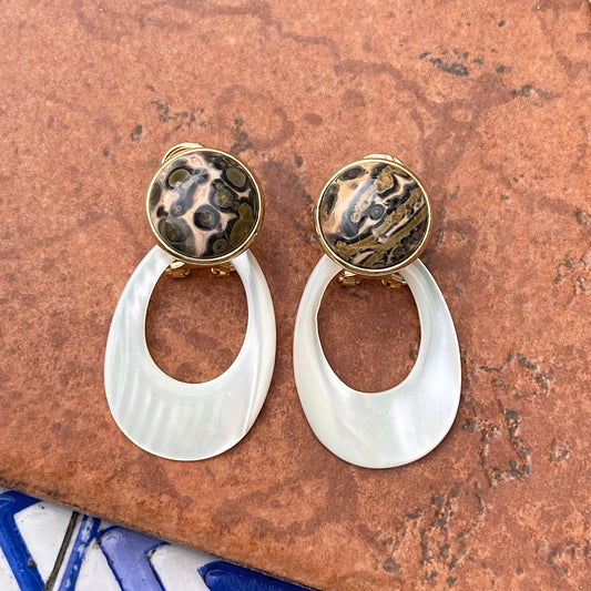 Estate Gold Tone + Leopard Skin Agate Button Omega Back Earrings