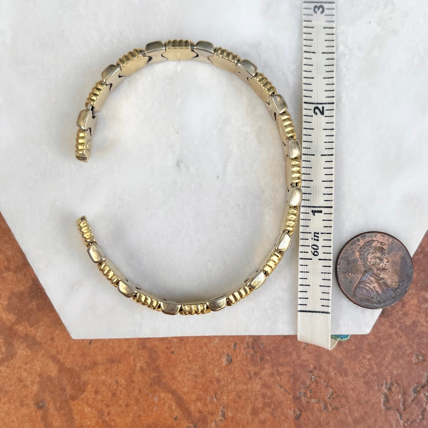 Estate 18KT Yellow Gold + White Gold Stampato Parentesi Style Cuff Bracelet