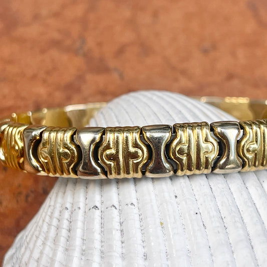 Estate 18KT Yellow Gold + White Gold Stampato Parentesi Style Cuff Bracelet