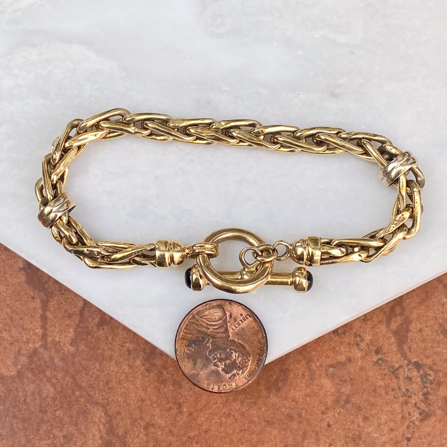 Estate 14KT Yellow Gold Rounded Wheat Link Toggle Bracelet with Onyx End Caps