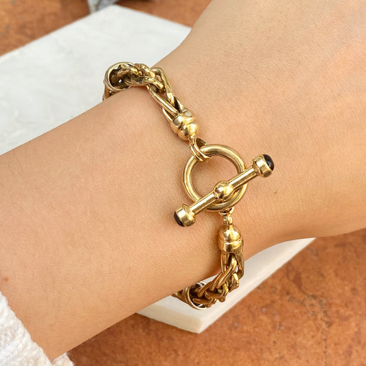 Estate 14KT Yellow Gold Rounded Wheat Link Toggle Bracelet with Onyx End Caps
