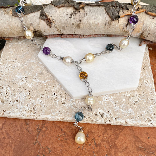 14KT White Gold Paspaley Pearl, Citrine, Amethyst + Blue Topaz Station Lariat Necklace - Legacy Saint Jewelry