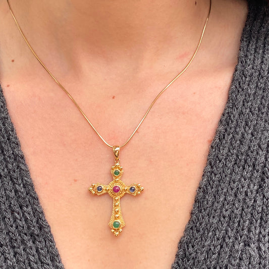 Estate 14KT Yellow Gold Gemstones Etruscan Cross Pendant Charm, Estate 14KT Yellow Gold Gemstones Etruscan Cross Pendant Charm - Legacy Saint Jewelry