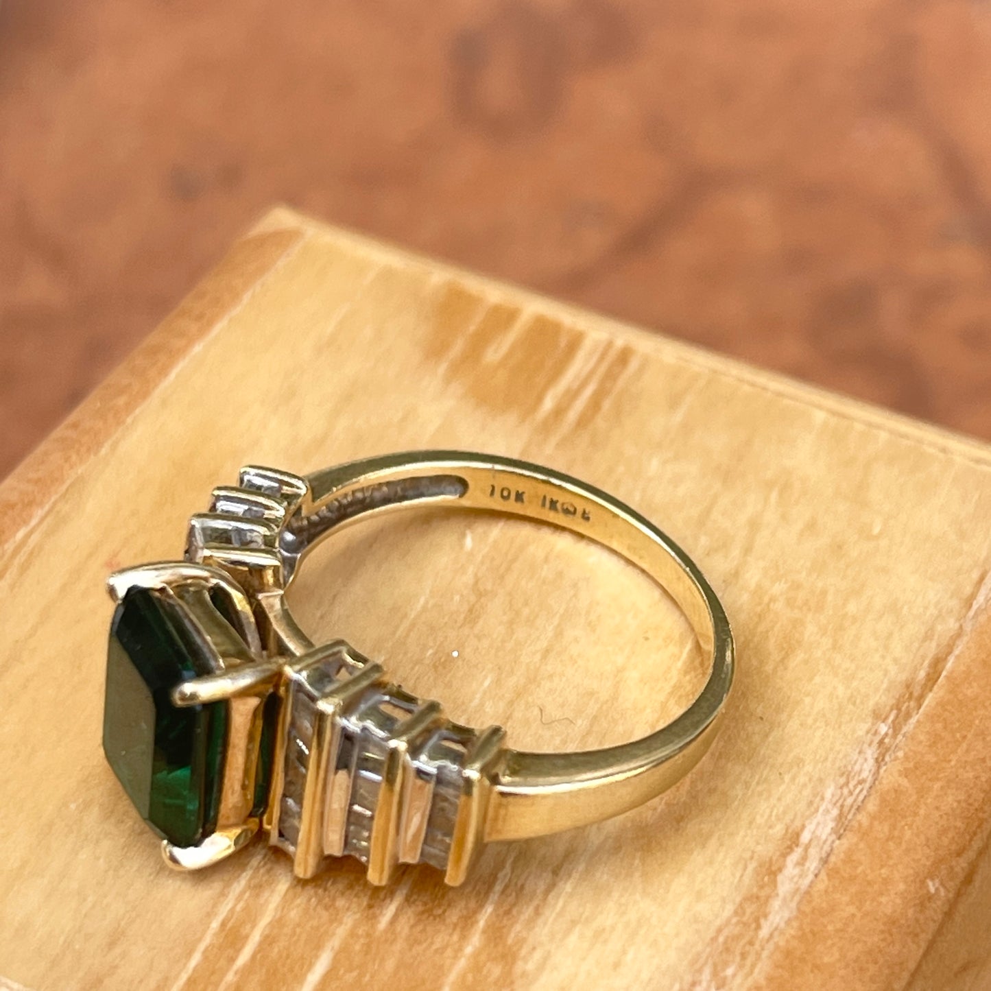 Estate 10KT Yellow Gold 2.00 CT Lab Emerald-Cut Emerald + Baguette Diamond Ring