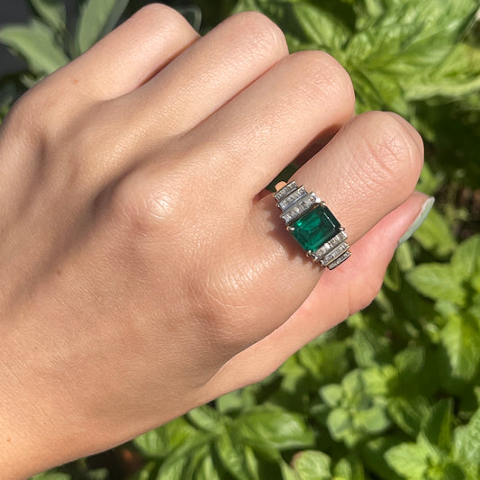 Estate 10KT Yellow Gold 2.00 CT Lab Emerald-Cut Emerald + Baguette Diamond Ring