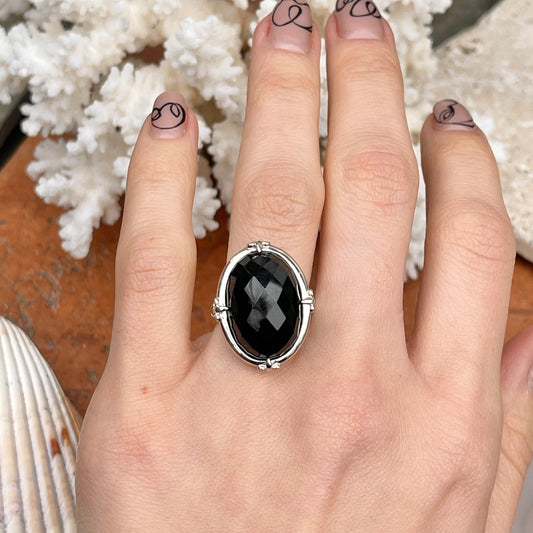Sterling Silver Oval Genuine Black Onyx Fleur de Lis Ring - LSJ