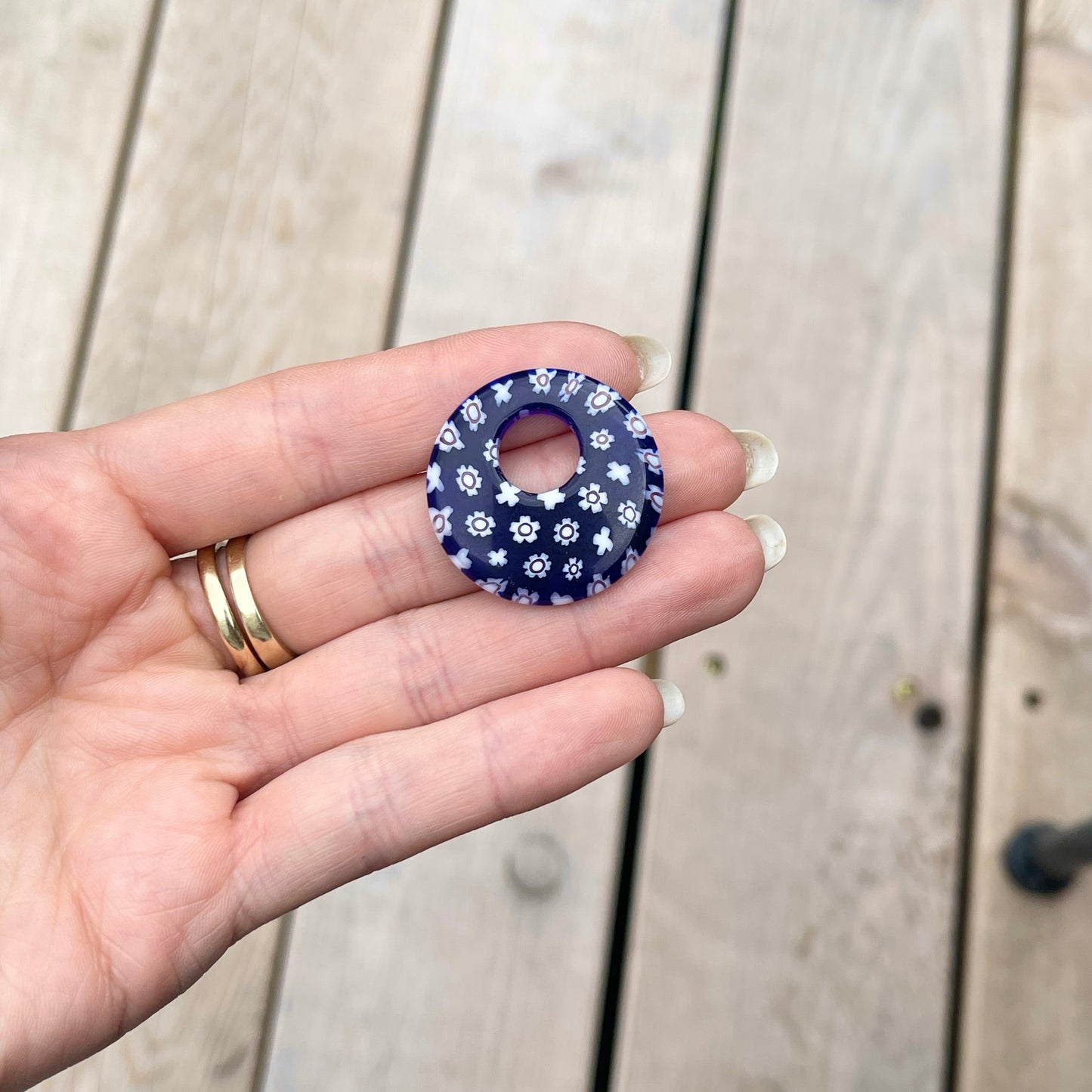 Cobalt Blue Glass Flower Design Round Disc Earring Charms