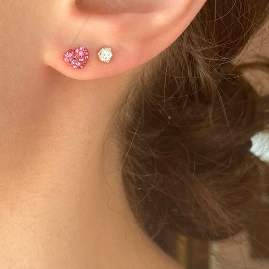 14KT Yellow Gold Pink CZ Mini Heart Stud Earrings, 14KT Yellow Gold Pink CZ Mini Heart Stud Earrings - Legacy Saint Jewelry