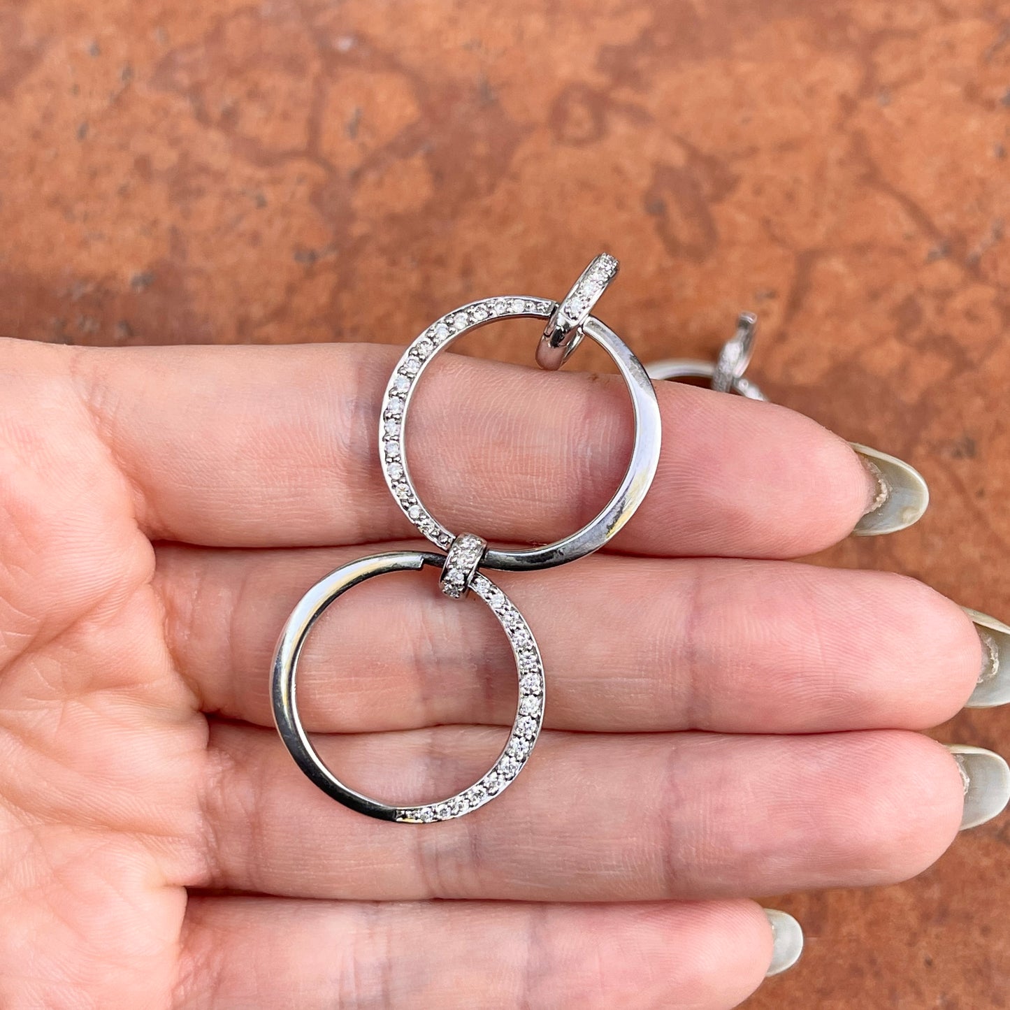 Estate 18KT White Gold Pave Diamond Huggie Hoop Dangle Circle Earrings