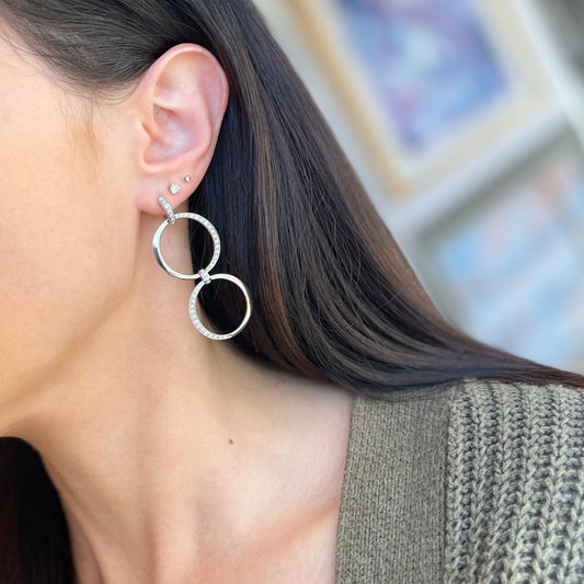 Estate 18KT White Gold Pave Diamond Huggie Hoop Dangle Circle Earrings