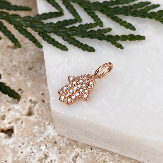 14KT Rose Gold Pave Diamond Kabbalah "Hand of Fatima" Pendant Charm - Legacy Saint Jewelry