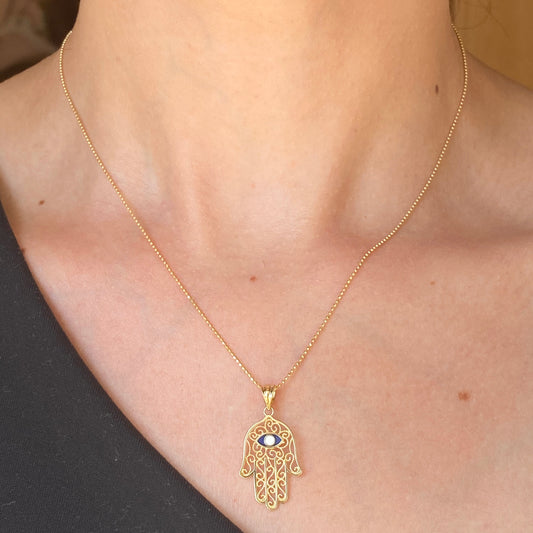 14KT Yellow Gold Filigree + Blue Enamel Evil Eye Hamsa Pendant Charm, 14KT Yellow Gold Filigree + Blue Enamel Evil Eye Hamsa Pendant Charm - Legacy Saint Jewelry