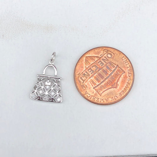 14KT White Gold Pave Diamond Purse Handbag Vintage Inspired Pendant Charm, 14KT White Gold Pave Diamond Purse Handbag Vintage Inspired Pendant Charm - Legacy Saint Jewelry