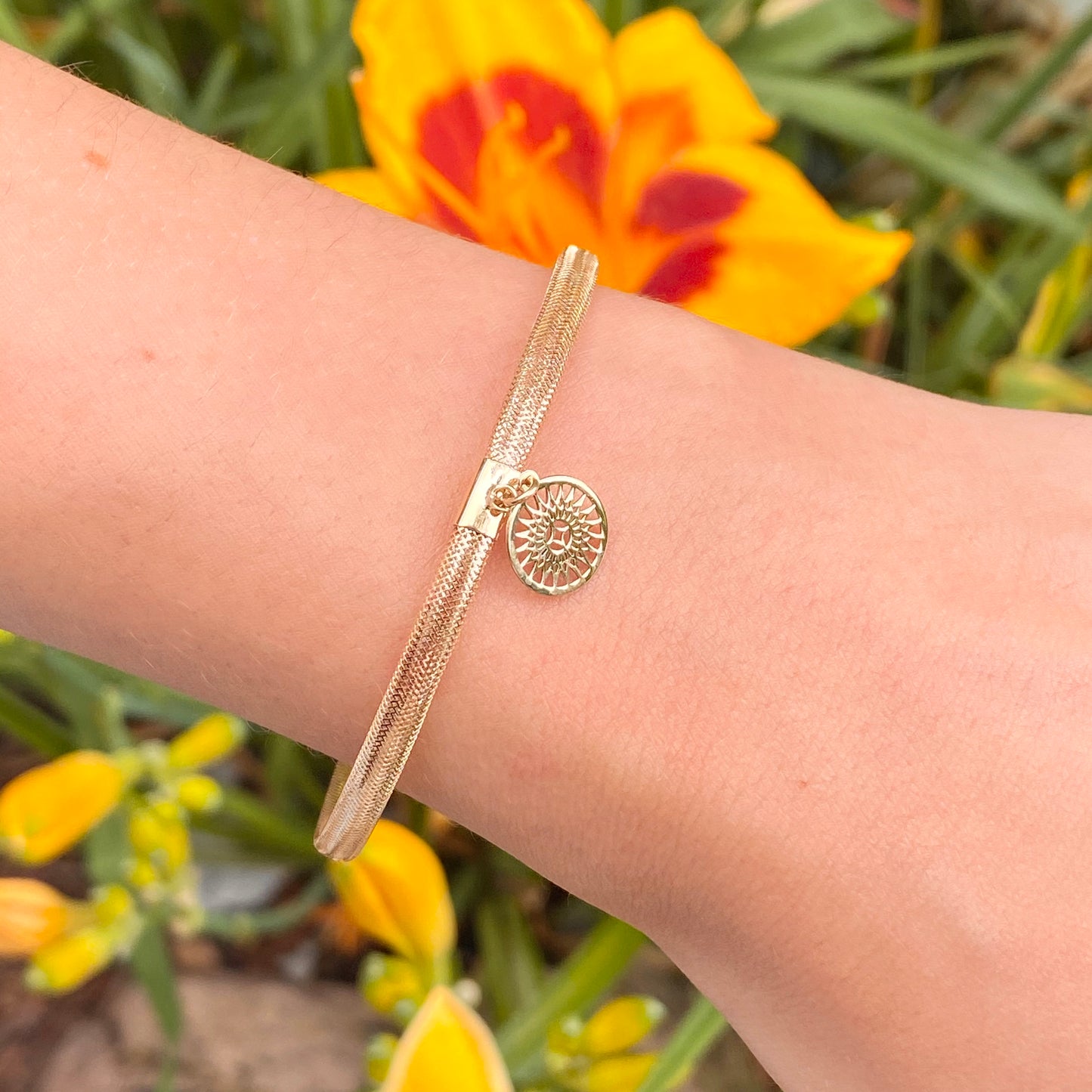 14KT Yellow Gold Stretch Mesh Bracelet with Sun Charm, 14KT Yellow Gold Stretch Mesh Bracelet with Sun Charm - Legacy Saint Jewelry