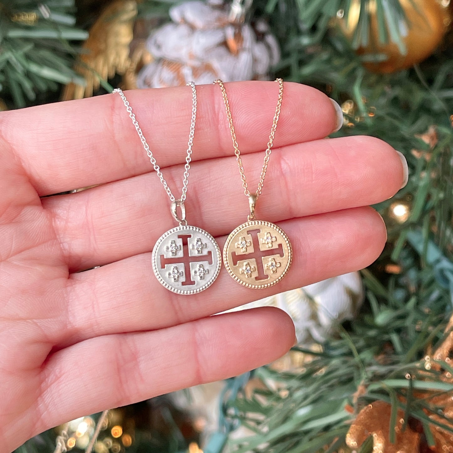 14KT Yellow Gold Jerusalem Cross .025 CT Diamond Medal Pendant Necklace