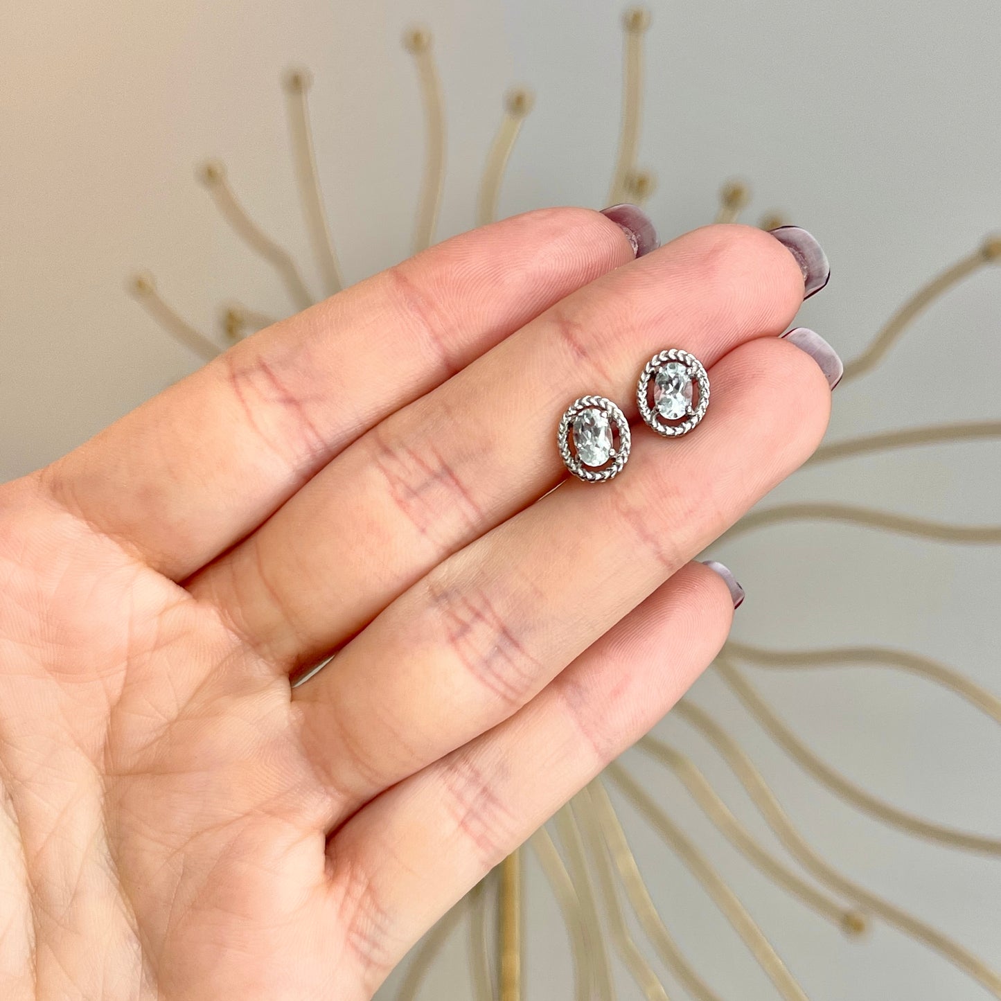 Sterling Silver Oval Genuine Aquamarine Rope Twist Stud Earrings