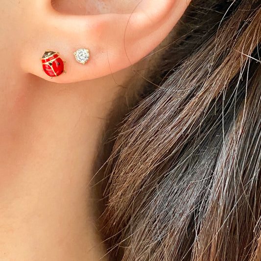 14KT Yellow Gold Red Enamel Ladybug Post Stud Earrings, 14KT Yellow Gold Red Enamel Ladybug Post Stud Earrings - Legacy Saint Jewelry