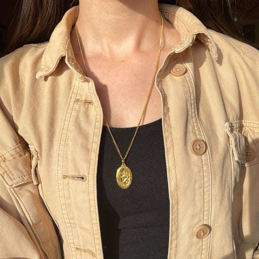 24KT Yellow Gold Plated Oval Saint Christopher Medal Chain Necklace 24"