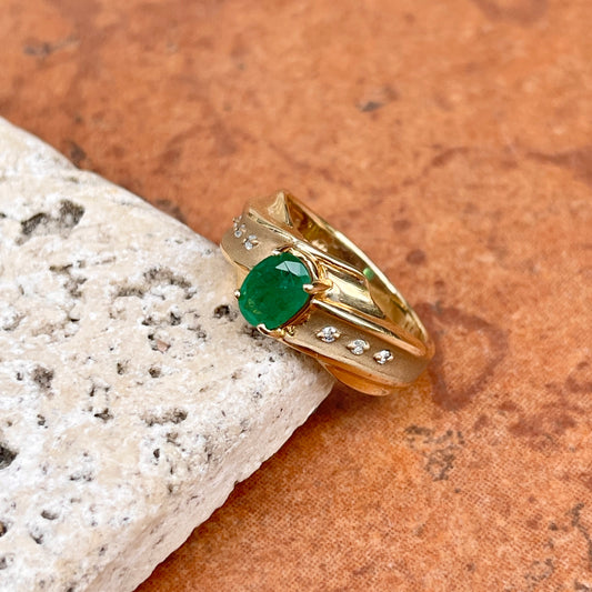 Estate 14KT Yellow Gold Matte Oval Emerald + Gypsy-Set Diamond Ring