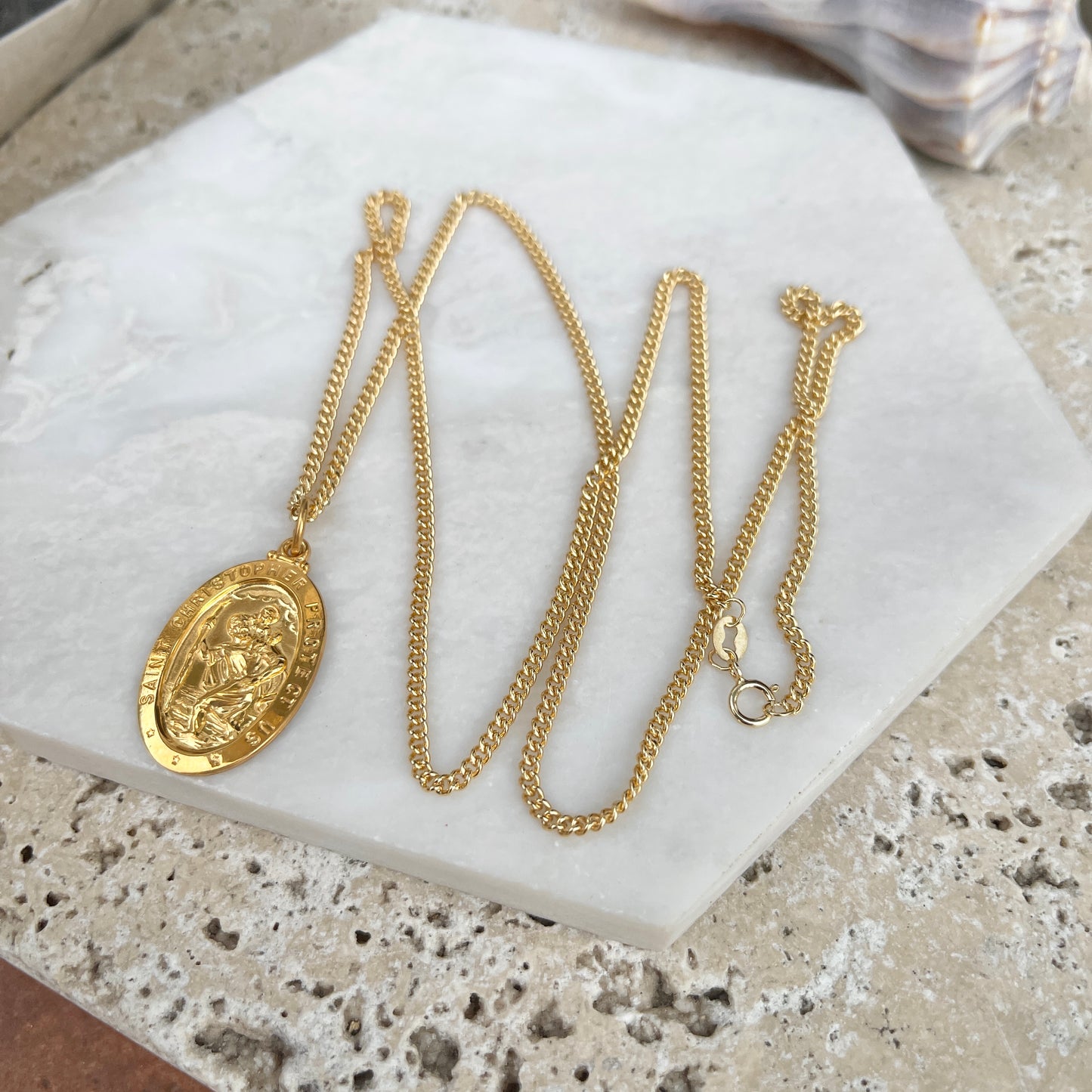 24KT Yellow Gold Plated Oval Saint Christopher Medal Chain Necklace 24"