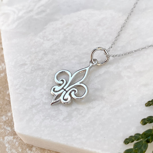 14KT White Gold Fleur de Lis Pendant Necklace, 14KT White Gold Fleur de Lis Pendant Necklace - Legacy Saint Jewelry