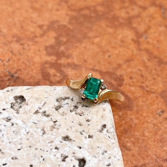 Estate 10KT Yellow Gold Rectangle Lab Emerald + Diamond Ring