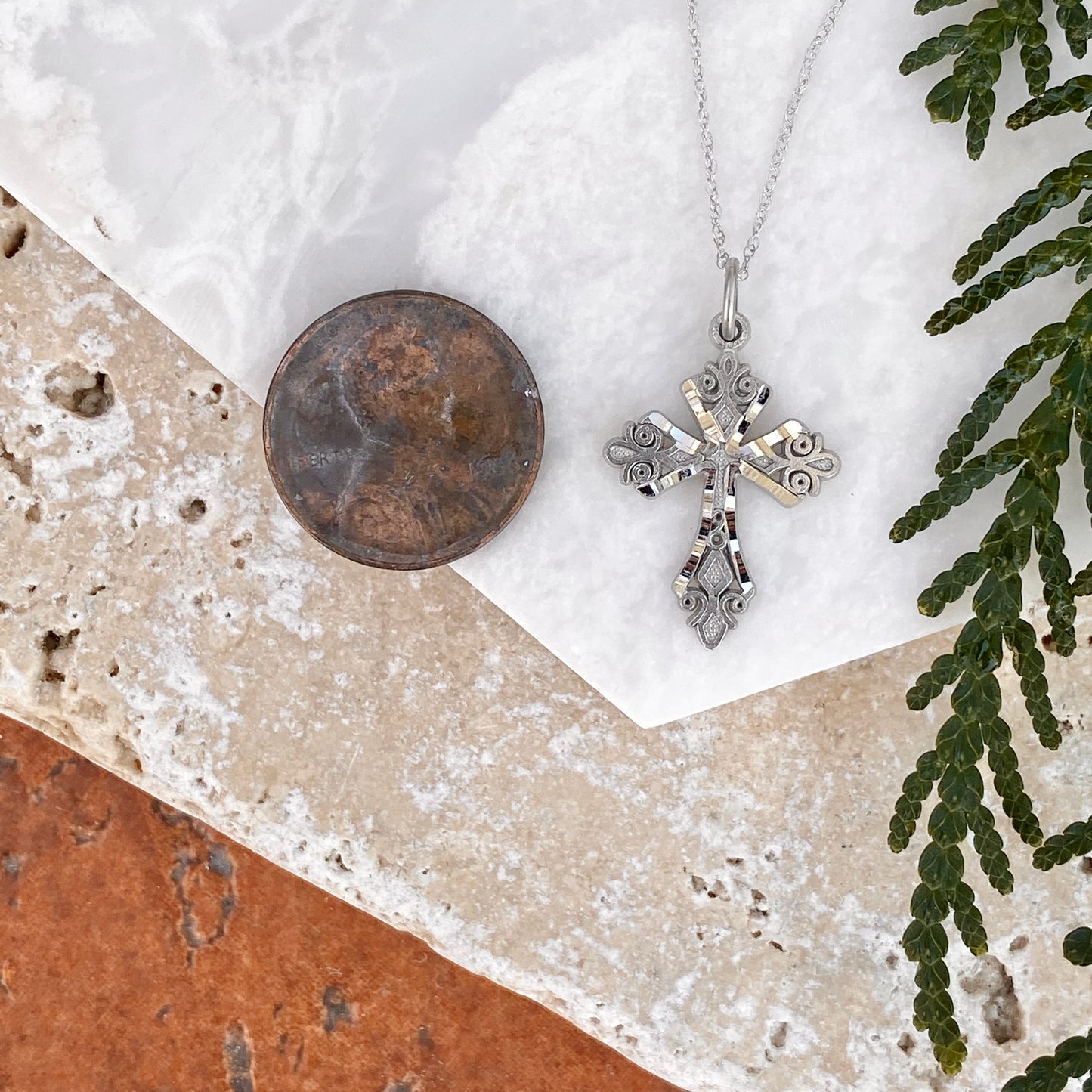 OOO 10KT White Gold Diamond-Cut Detailed Cross Pendant Necklace, OOO 10KT White Gold Diamond-Cut Detailed Cross Pendant Necklace - Legacy Saint Jewelry