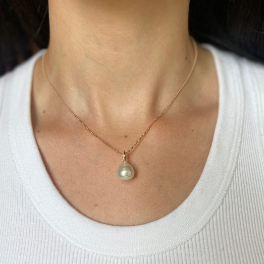 14KT Rose Gold Paspaley South Sea Pearl + Pave Diamonds Pendant 12mm