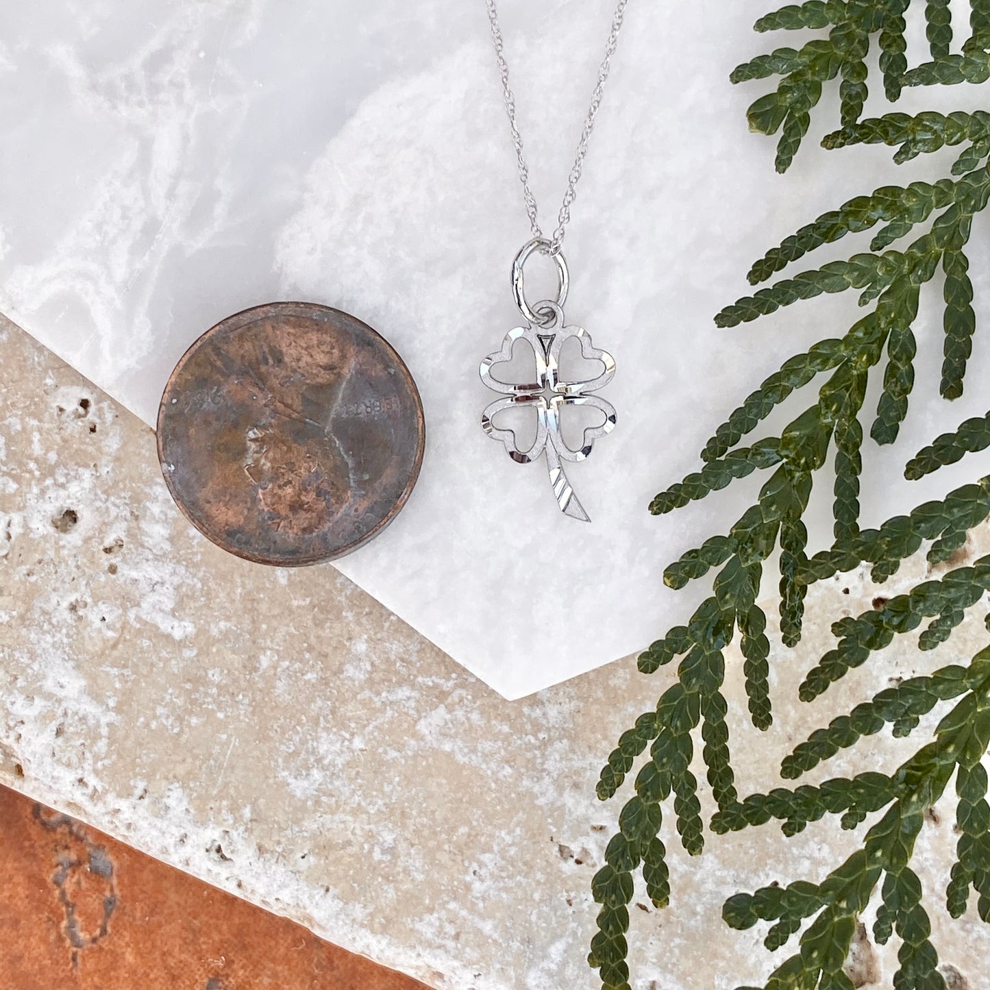 OOO 10KT White Gold Diamond-Cut 4-Leaf Clover Pendant Necklace, OOO 10KT White Gold Diamond-Cut 4-Leaf Clover Pendant Necklace - Legacy Saint Jewelry