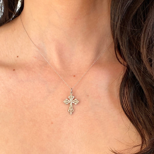 OOO 10KT White Gold Diamond-Cut Detailed Cross Pendant Necklace, OOO 10KT White Gold Diamond-Cut Detailed Cross Pendant Necklace - Legacy Saint Jewelry
