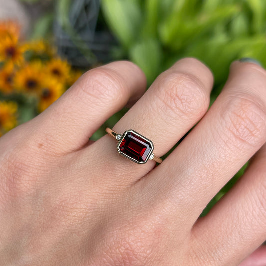 14KT Yellow Gold Bezel-Set Octagonal Red Garnet + Accent Diamond Ring
