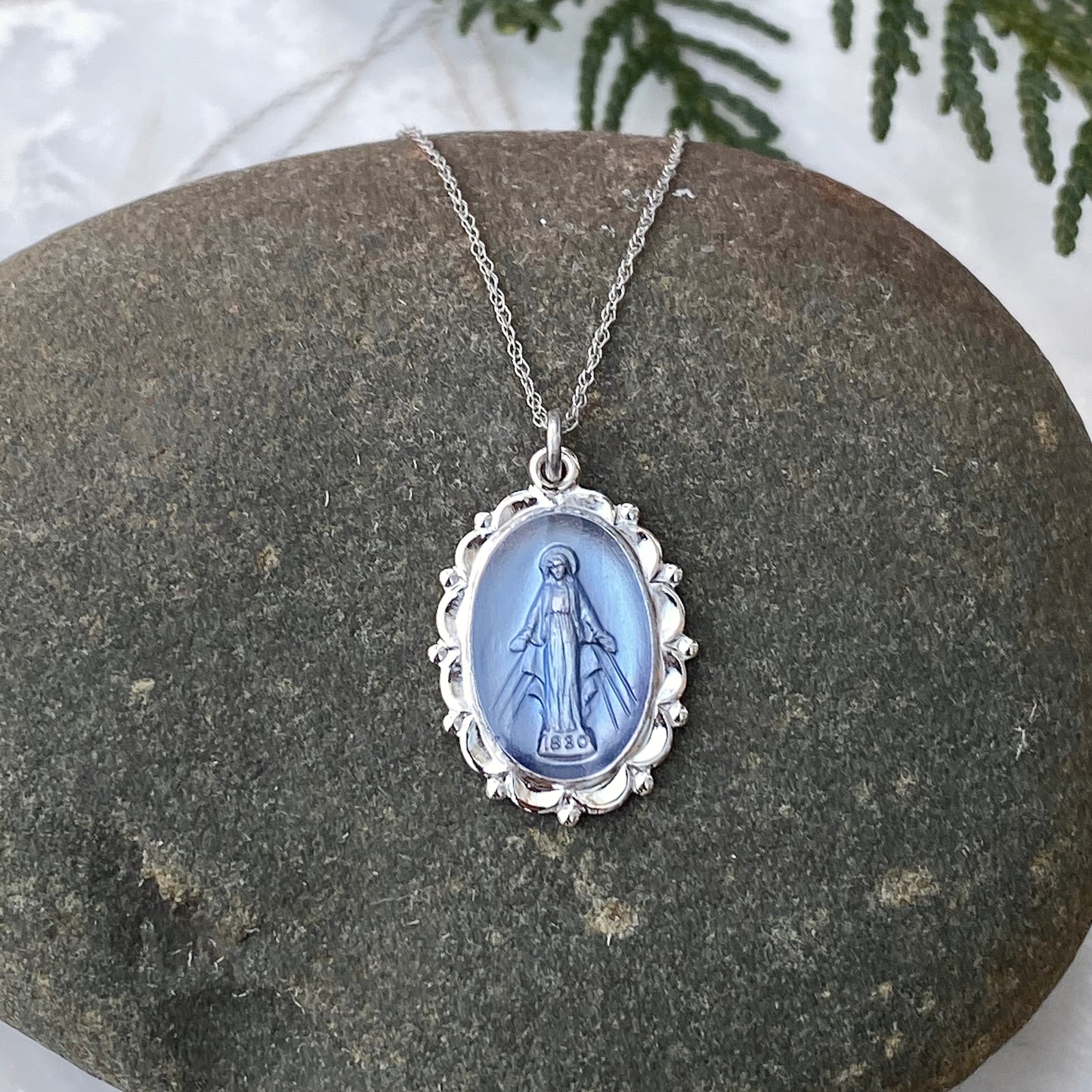 Sterling Silver Blue Miraculous Medal Pendant 26mm, Sterling Silver Blue Miraculous Medal Pendant 26mm - Legacy Saint Jewelry