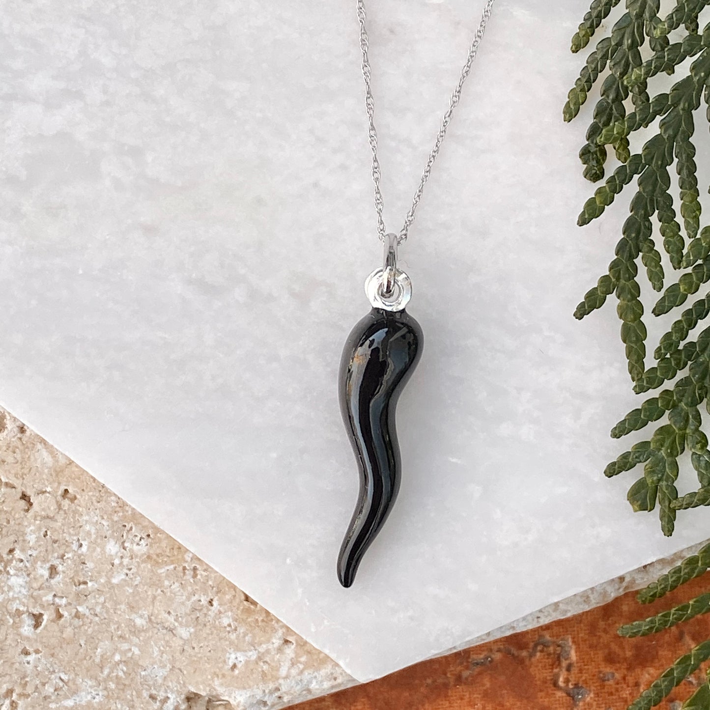 Sterling Silver Black "Cornicello" Italian Horn Pendant Charm, Sterling Silver Black "Cornicello" Italian Horn Pendant Charm - Legacy Saint Jewelry