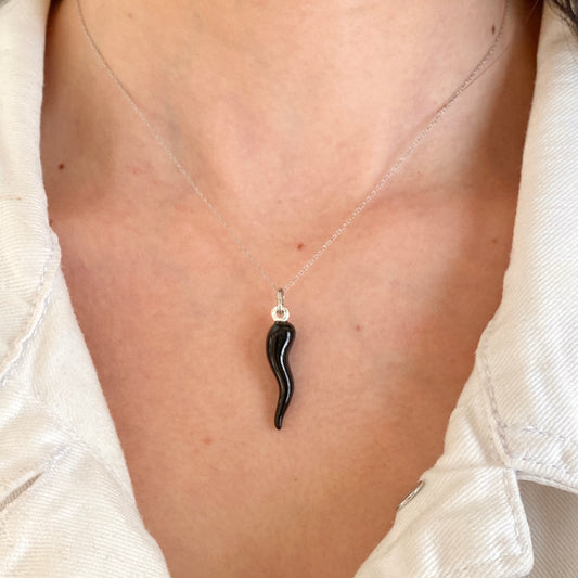 Sterling Silver Black "Cornicello" Italian Horn Pendant Charm, Sterling Silver Black "Cornicello" Italian Horn Pendant Charm - Legacy Saint Jewelry