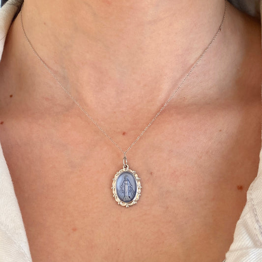 Sterling Silver Blue Miraculous Medal Pendant 26mm, Sterling Silver Blue Miraculous Medal Pendant 26mm - Legacy Saint Jewelry