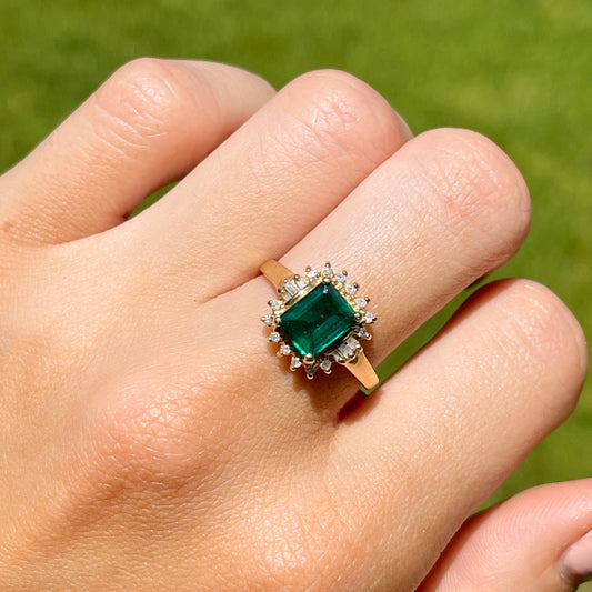 sold Estate 14KT Yellow Gold 2.00 CT Lab Emerald-Cut Emerald + Baguette Diamond Halo Ring - LSJ