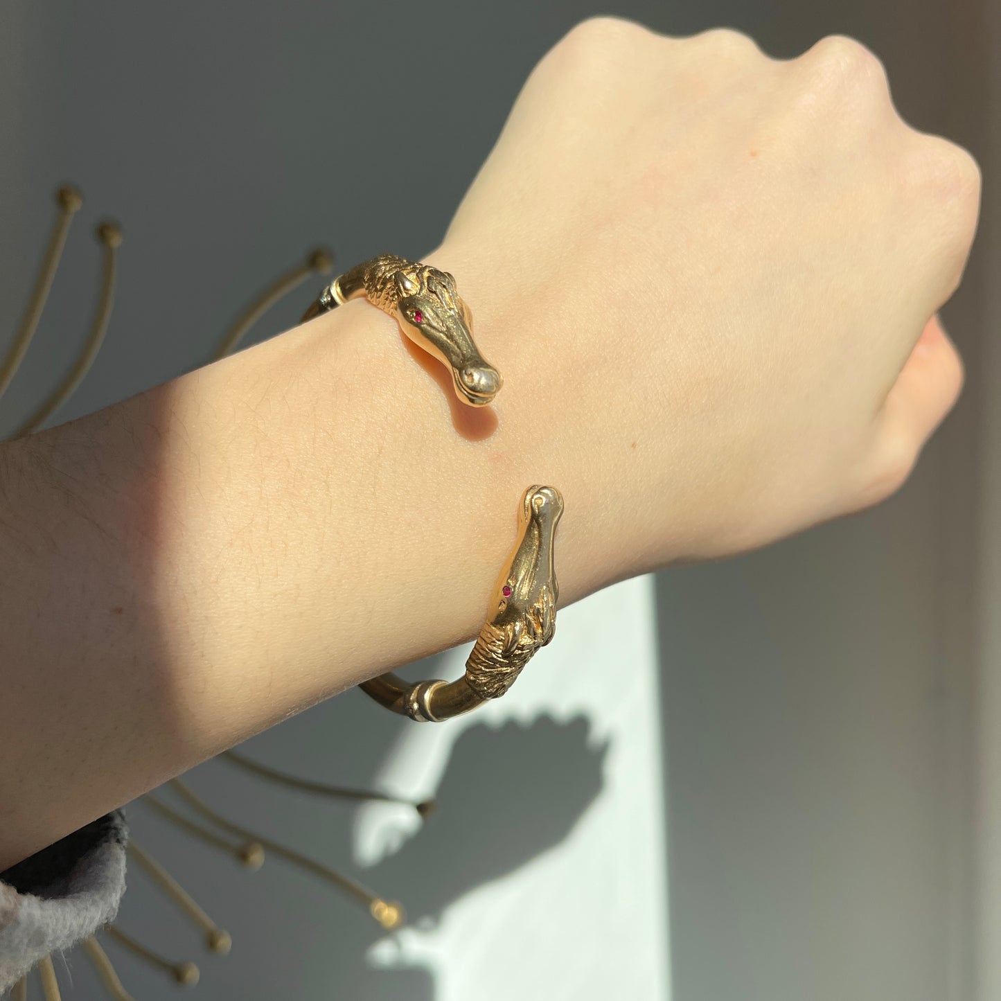 Estate 14KT Yellow Gold Double Horse Head Ruby Eyes Bangle Cuff Bracelet